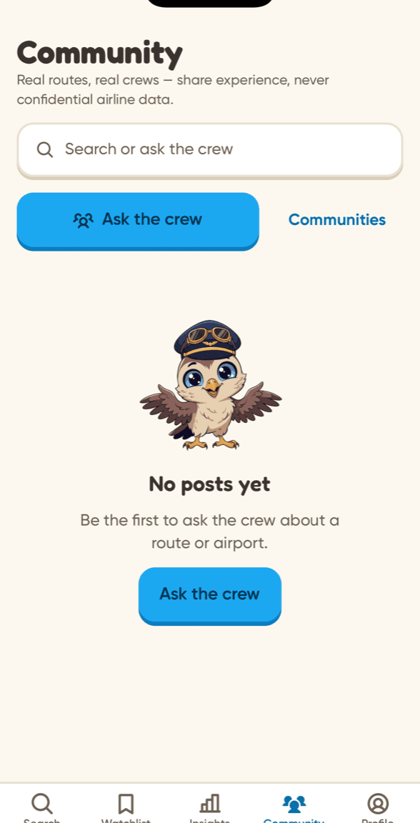 Community screen with a search bar and an Ask the crew button