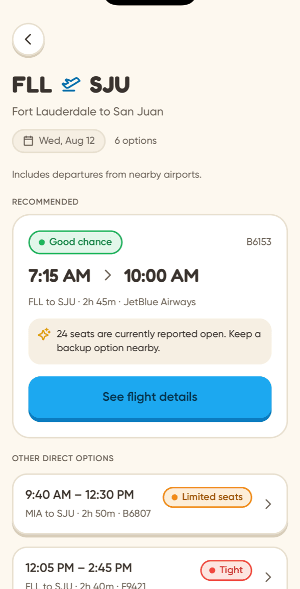 Route results showing a recommended flight with a Good chance signal